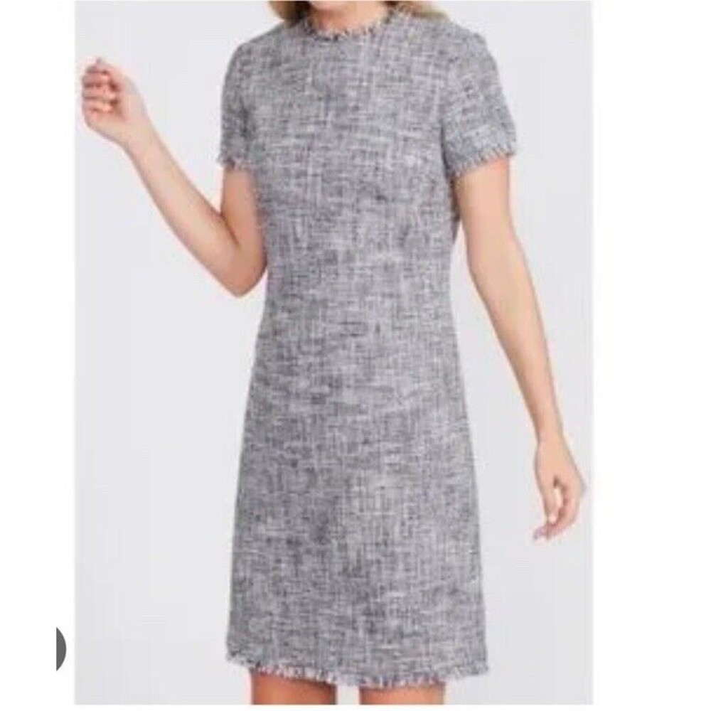 J McLaughlin Clarence Navy Tweed Short Sleeve Sheath Dress w/fringe, size 6
